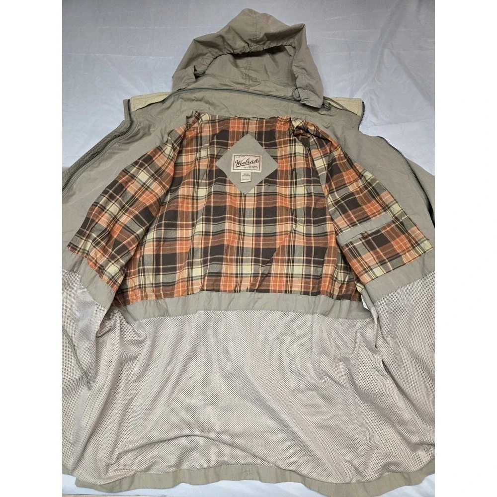 Vtg Woolrich Jacket Mens 2XL Tall Tan Zip Lined Chore Coat Jacket Hood
